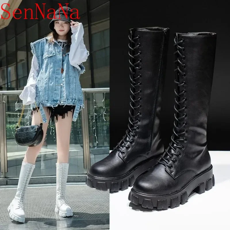 Women\'s Mid Calf Boots Padded Shoes Knee High Winter Sneakers Punk Style Military Casual White Black 2024 Lucury Platform Woman