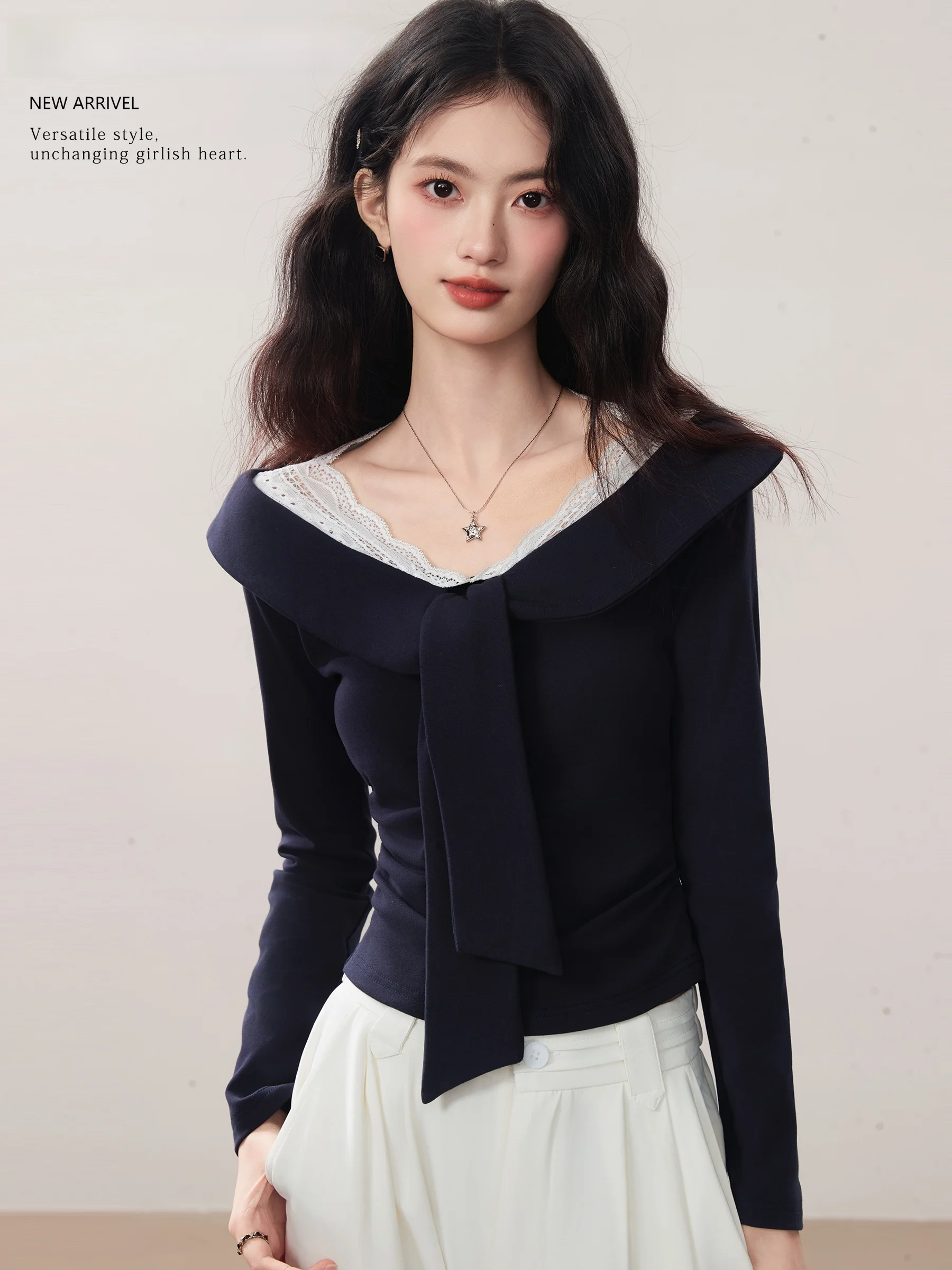 

Женская футболка Linjou с длинным рукавом, кружевным воротником и вставками в корейском стиле, темно-синяя, повседневная, приталенная, из мягкого хлопка, весна