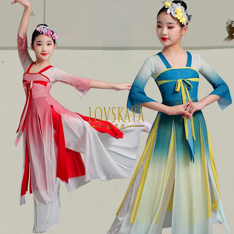 

Children classical ethnic costumes girls Chinese style dance costumes New Year's Day performance fan dance costumes chiffon