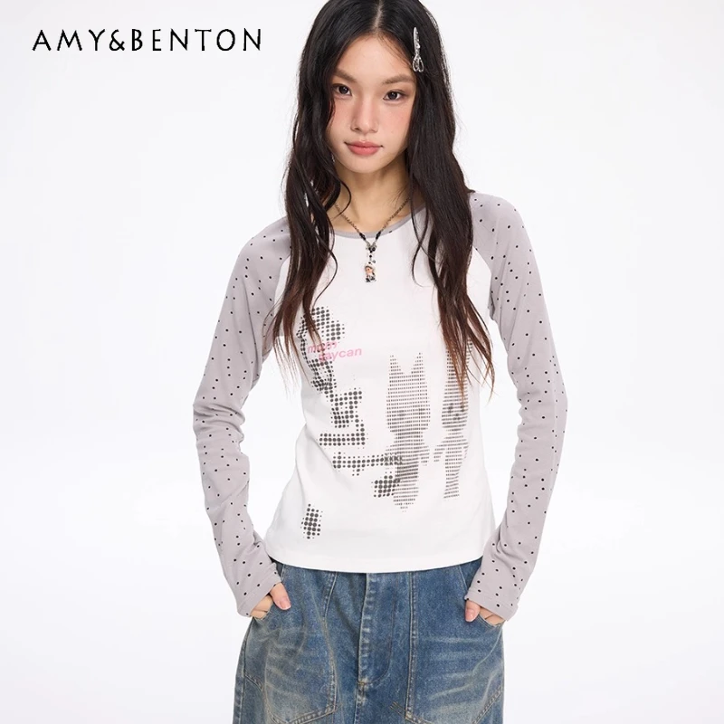 

Original Design Polka Dot Print Splicing Round Neck Women's Long Sleeve T-Shirt Autumn New Slimming Retro Bottoming Shirt Ladies