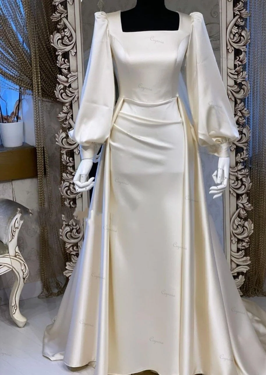 Ciynsia Vestidos De Novia 2024 Square Neck Luxury Satin Simple Muslim Wedding Dresses for Bride Full Sleeves Ivory Bridal Gowns