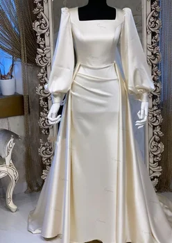 Ciynsia vestidos de novia 2024 quadratischer Hals Luxus Satin einfache muslimische Brautkleider für Braut volle Ärmel Elfenbein Brautkleider