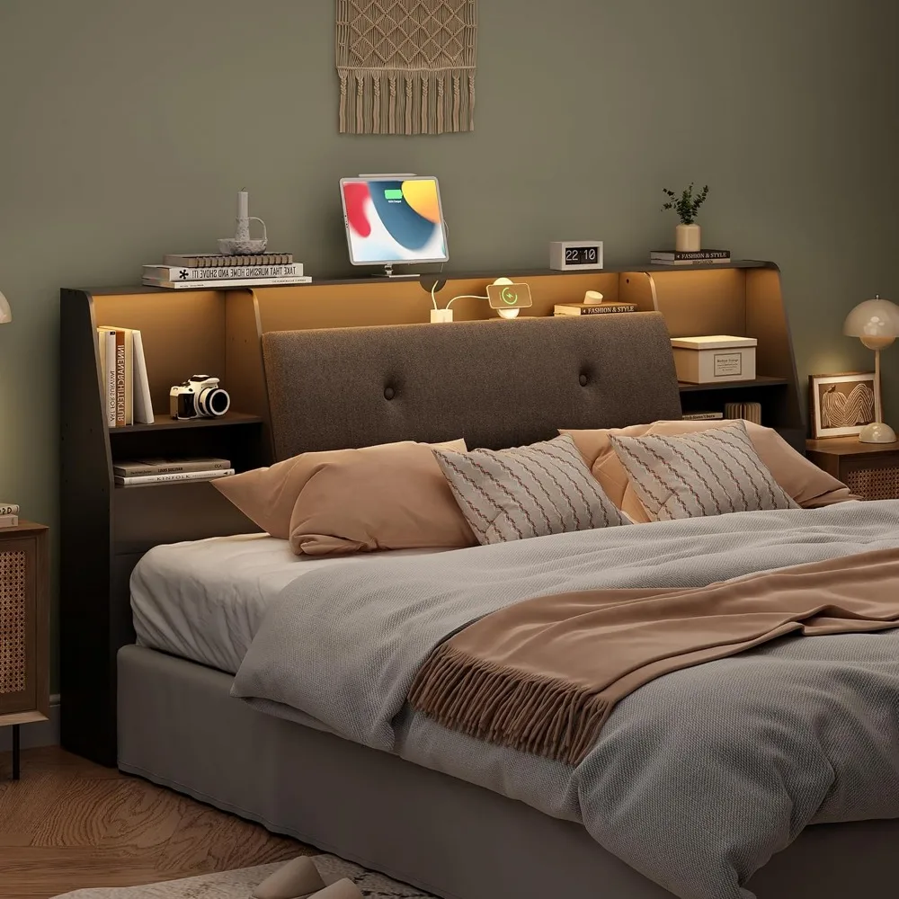 

Headboard Queen Size with Storage, Upholstered Wood Bookcase Headboard with Charging Station & 2 LED Lights (Black, King-Soft)