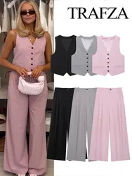 TRAFZA Women Fashion Suits Solid V-Neck Sleeveless Pockets Single Breasted Vest Tops+High Waist Pockets Zipper Pants Female Set