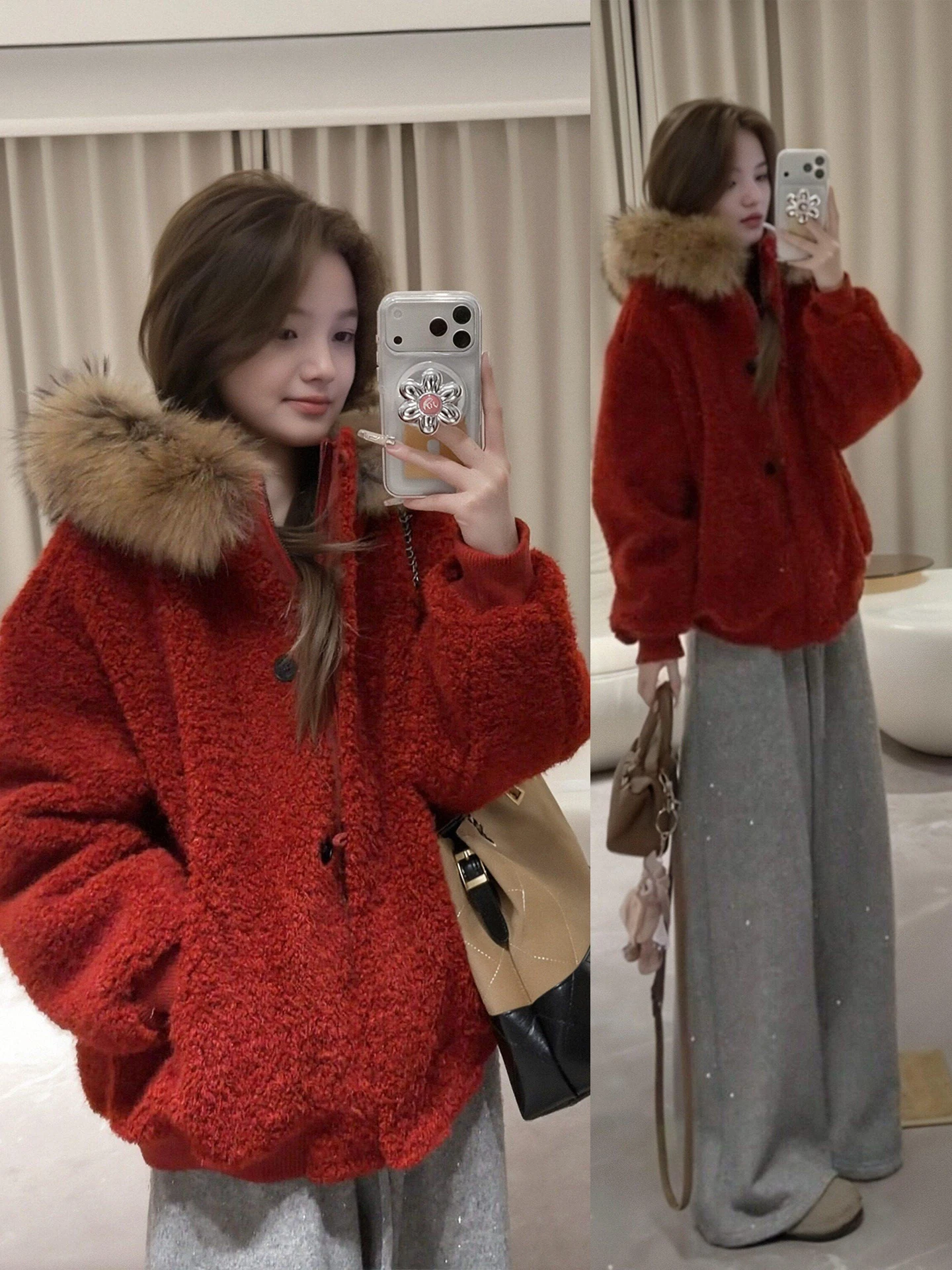 

Winter Warm Lamb Fur Jaet And Casual Pants Red New Year Set plus Size Women's Faion Comfortable Breathable Zipper Closure