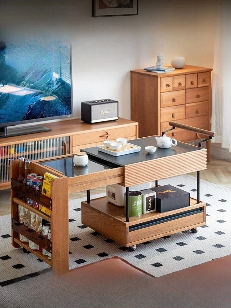 

Cherry wood removable black rock slab coffee table solid wood trolley retractable tea table living room corner table