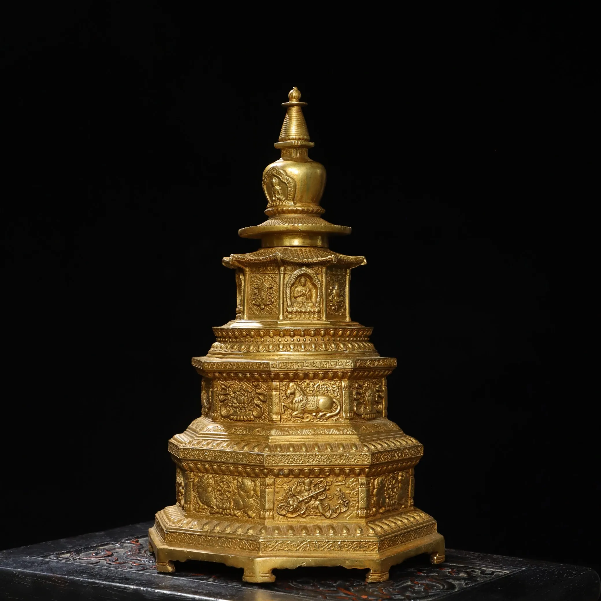 Tibetan Buddhist Eight Auspicious Stupa Solid Brass Gold Plated Home Living Room Altar Table Decor Feng Shui