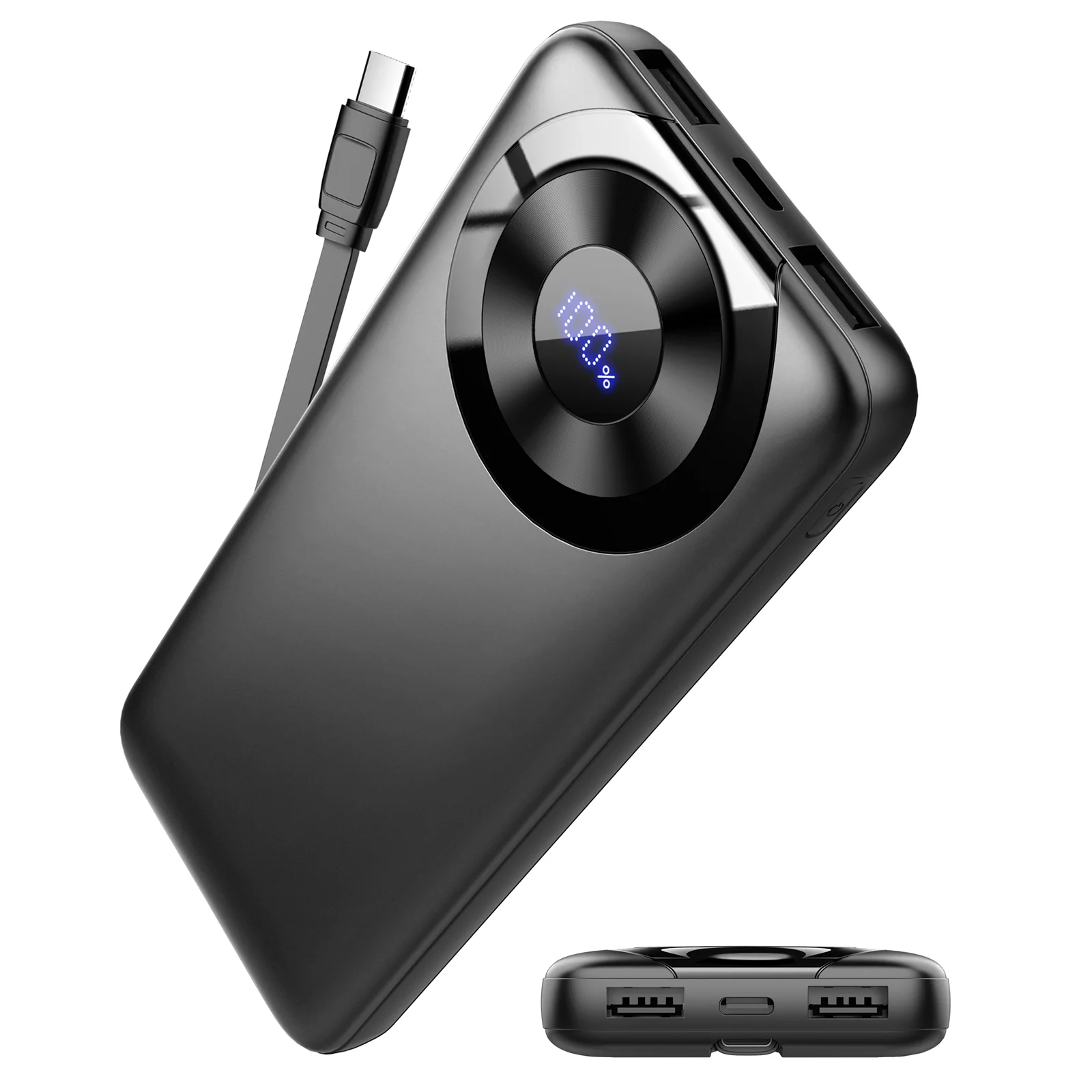 Cargador portátil de 10000 mAh, banco de energía de carga de alta velocidad con cable incorporado Paquete de batería delgada de 5 V/3 A, banco de energía de entrada y salida USB-C.