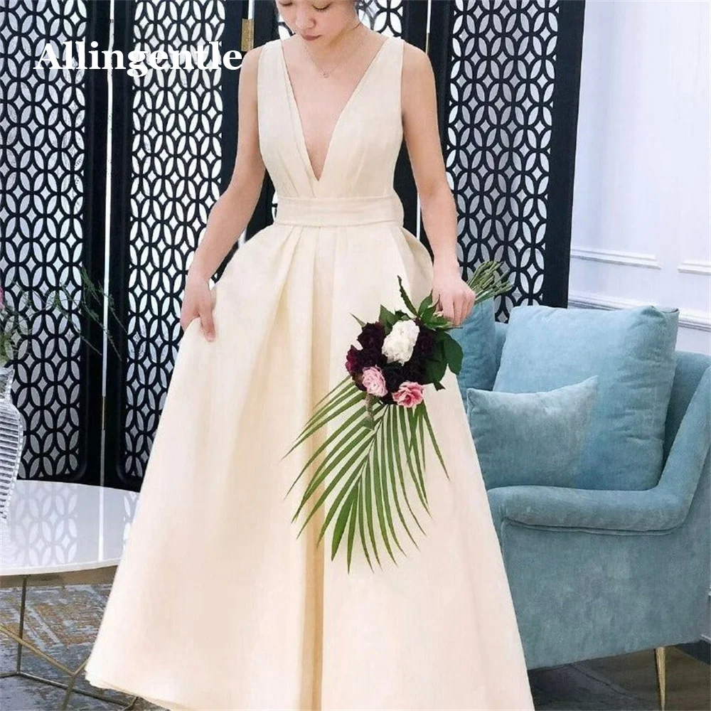 

Allingentle Elegant Evening Dresses V Neck A Line Prom Dress with Bow Sleeveless Charming Party Gown Backless Robe De Soriee