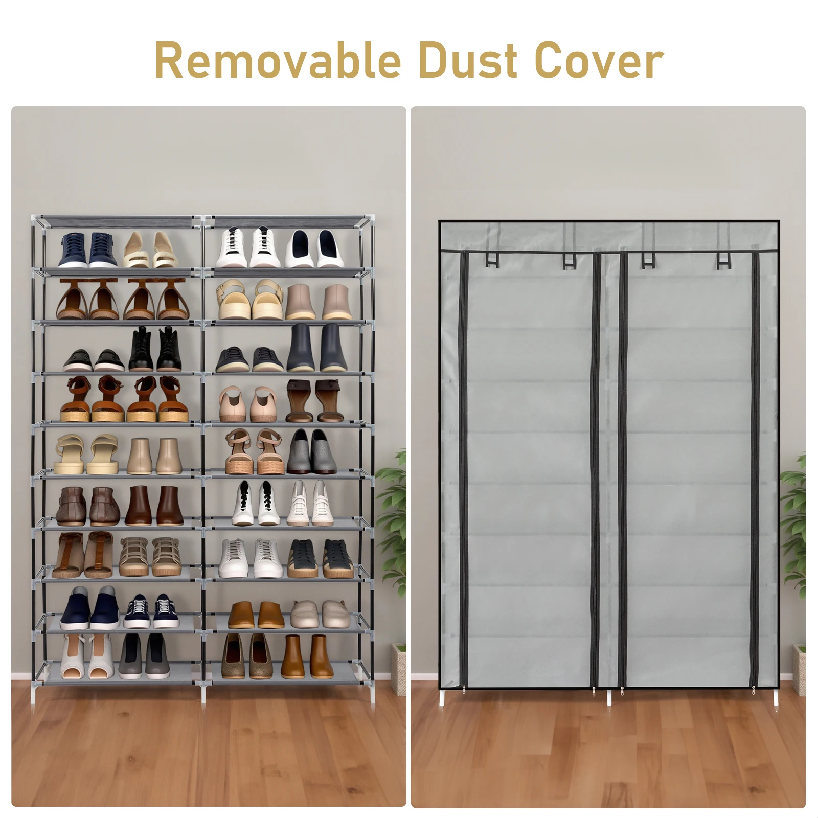 Double Row 10-Tier Non-Woven Fabric Shoe Cabinet with Iron Pipes and Plastic Components, Gray