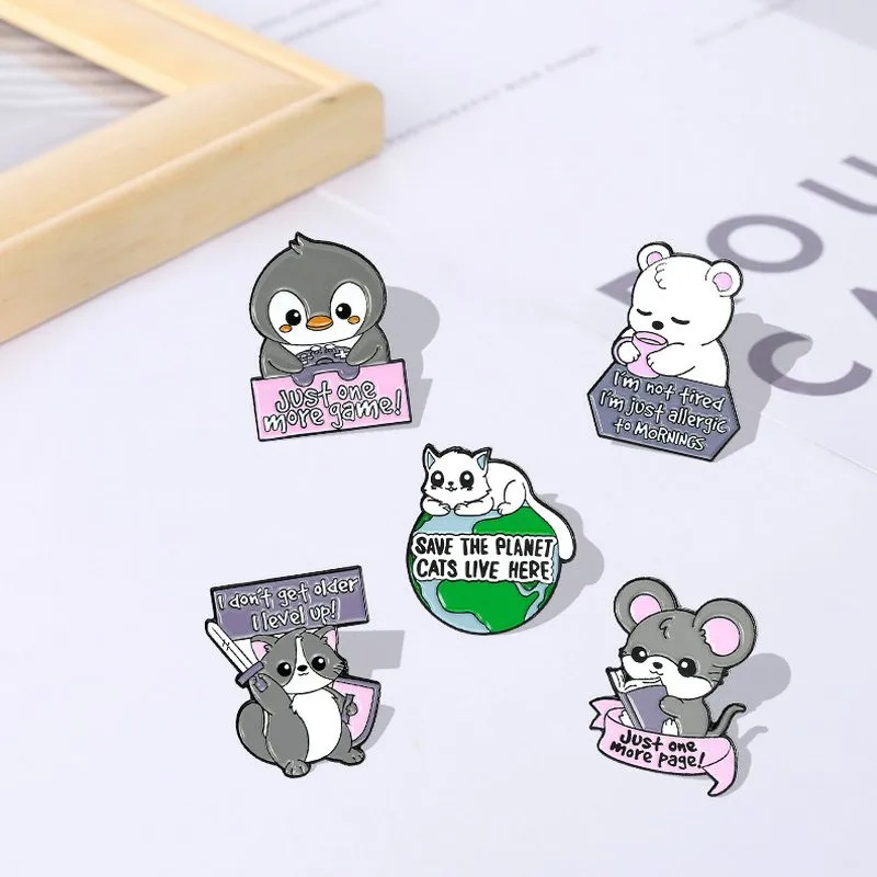 Pins Custom Cat Rat Penguin Raccoon Bear Brooches Shirt Lapel Badge Bag Funny Cute Jewelry Gift for Kids Animals Quotes Enamel