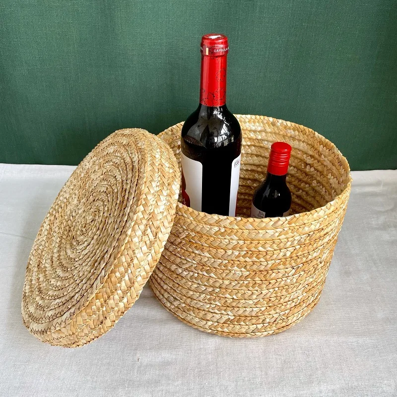 LuanQI-Handmade Straw Woven Basket com Tampa, Caixa De Lembrança De Noiva, Cesta De Plantas De ervas marinhas, Caixa De Armazenamento De Lanches,