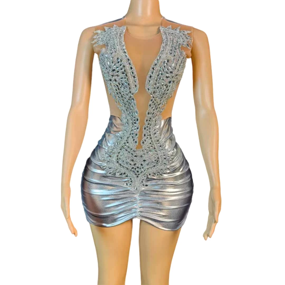 

Silver Glitter Sleevelss Short Dress For Women Crystals Mesh Sheer Dressy Birthday Party Evening Shinning Drag Queen Costume