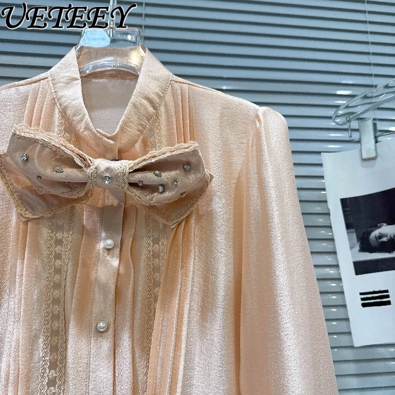 

Fashion Stand Collar Shirt Spring Autumn New Sweet Chic Long-sleeve Tops 3d Bow Pleated Design Chiffon Blouse for Women