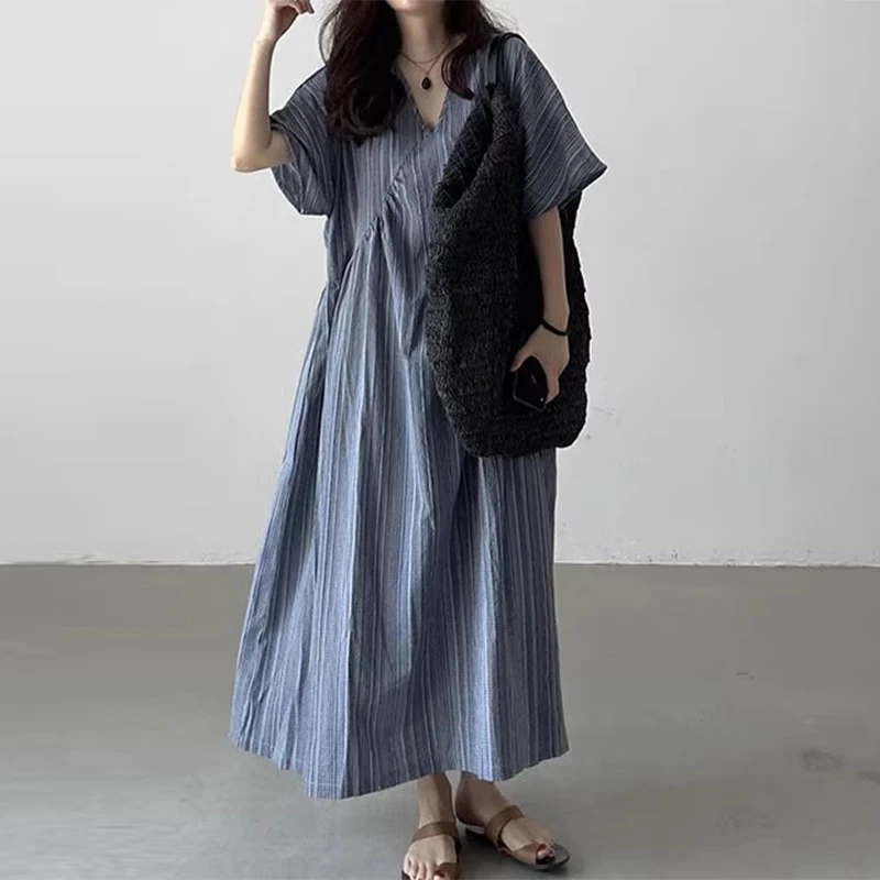 Zomer Nieuwe Dames Losse V-ne ort-sved Dr Retro Textuur Voel Lange Dr Koreaanse Sle Woon-werkverkeer Losse Taille Andere Mate...