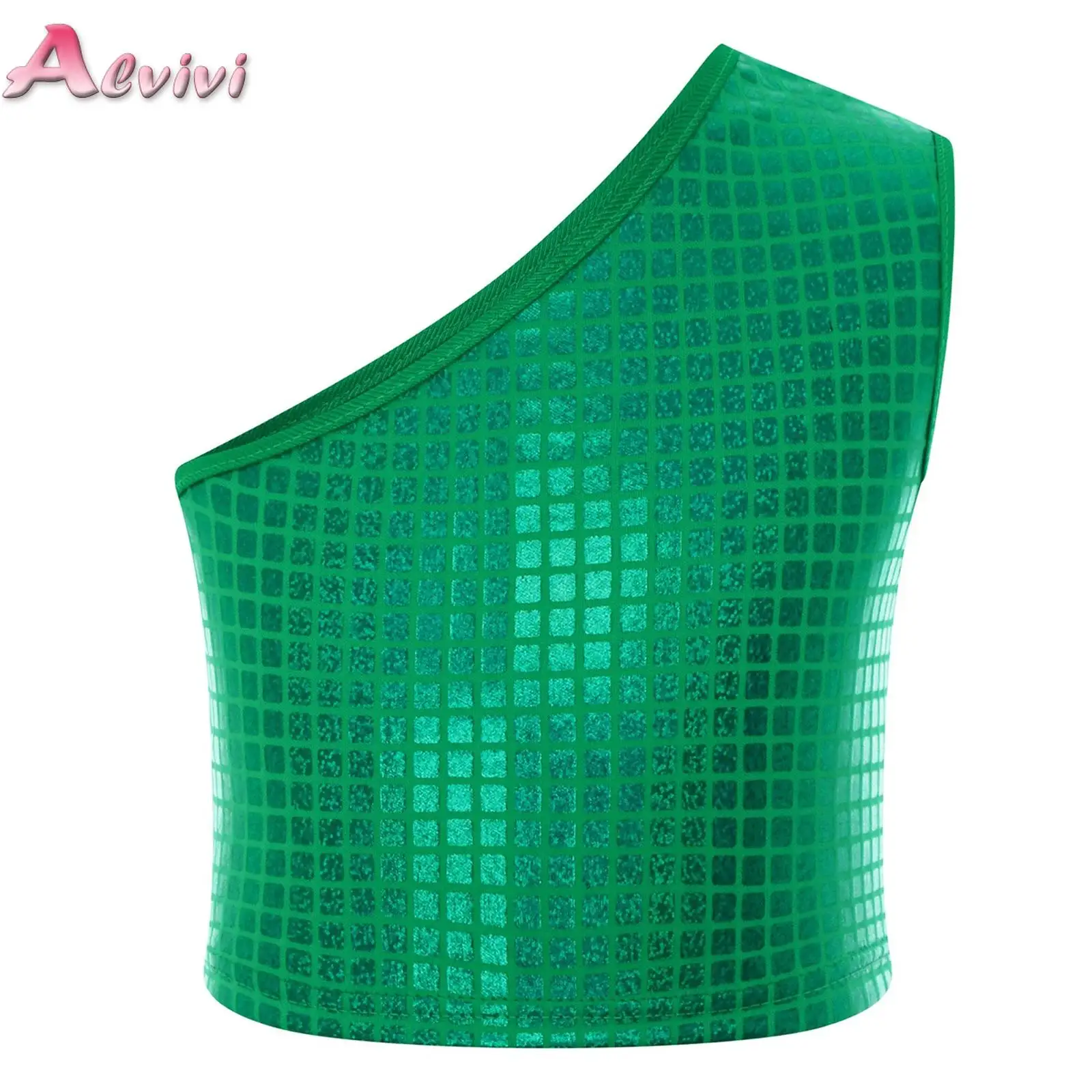 

Kids Jazz Latin Dance Top Girls Asymmetrical Sleeveless Metallic Plaid Vest Crop Top Dancewear Hip-hop Stage Performance Costume