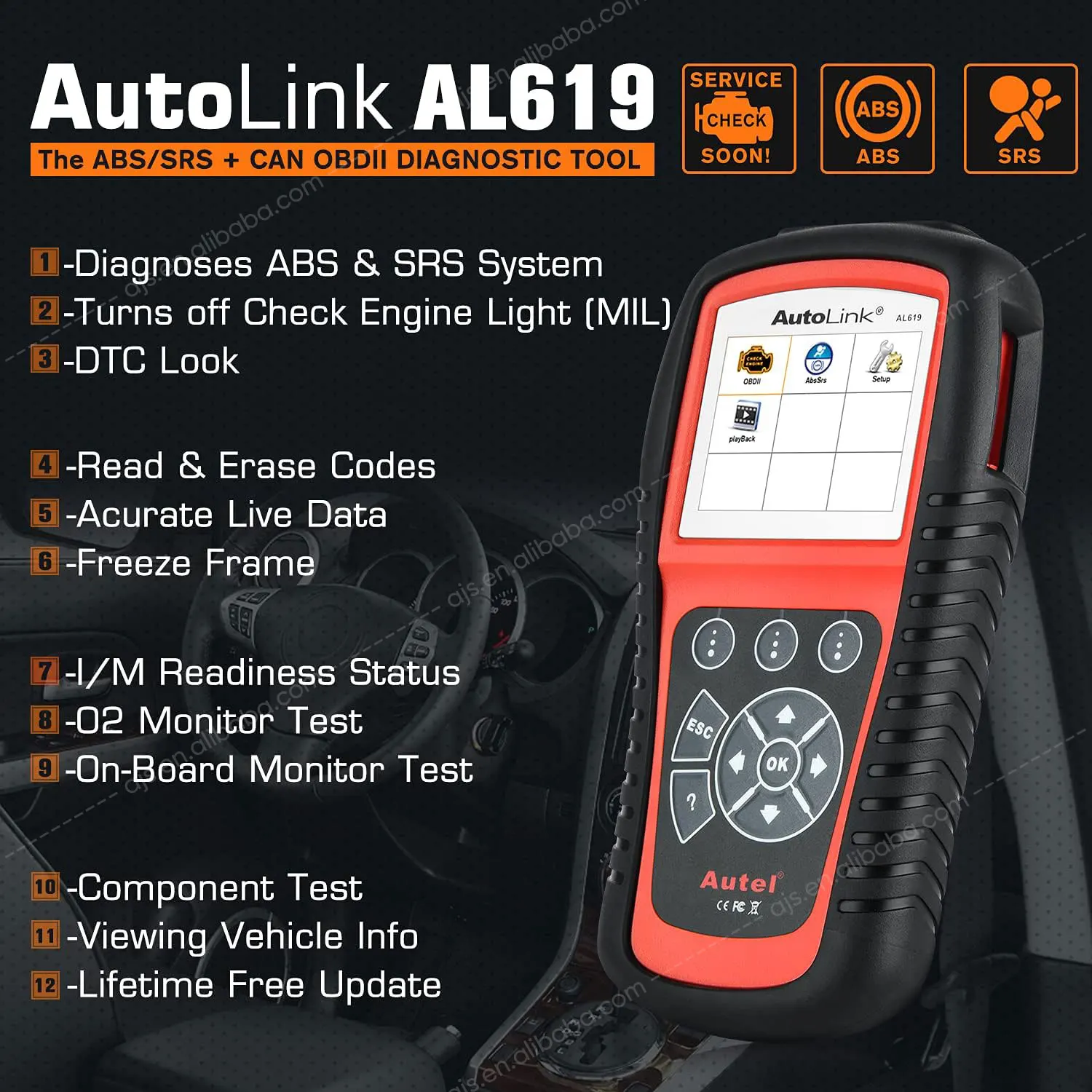 AL619 Car OBD2 Scanner ABS SRS Airbag Warning Light Diagnostic Scan Tool Code Reader Upgrade of Altar ML519 ML619