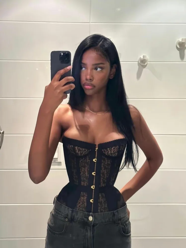 

Sexy Lace Hollow Out Slim Vest Women Strapless Bandage See Through Party Top 2025 Summer Lady Fashion High Street Waistcoat