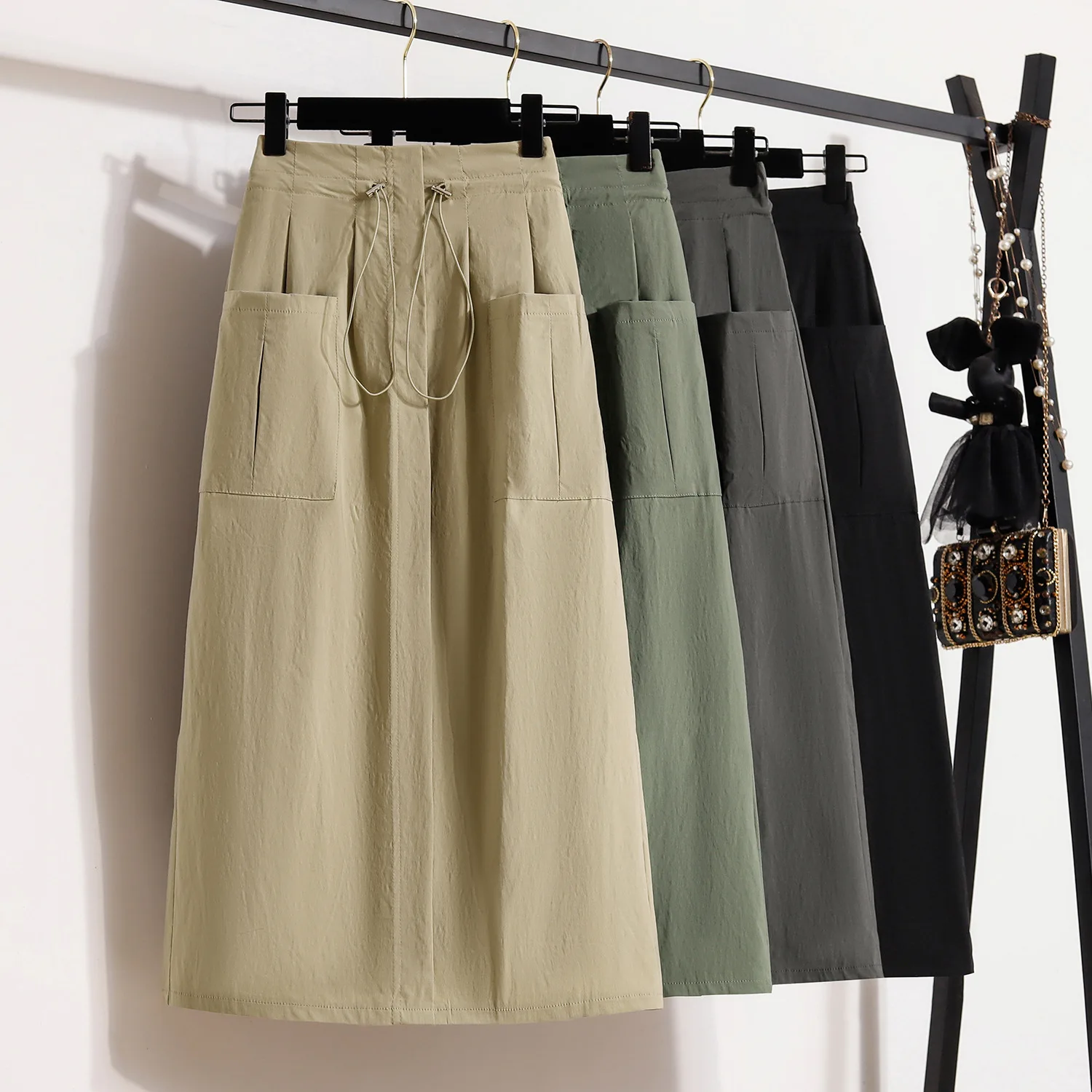 

Nighpha Drawstring High Waisted Cargo Skirt for Women Retro Double Pocket Casual Slit A-line Slimming Mini Skirt Korean Style