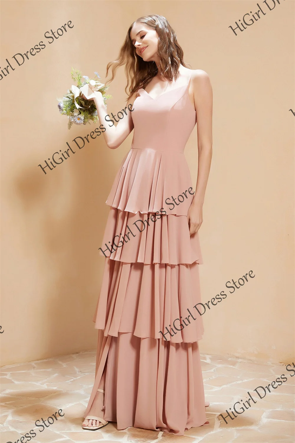 

Chiffon Spaghetti Strap V-Neck Tiered Ruffles Bridesmaid Dresses With Split Corset Prom Gown Sleeveless A-line Long Evening Gown