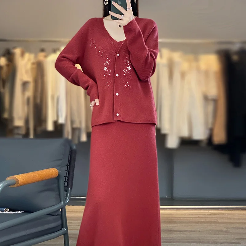 

Autumn and Winter New 100% Pure Wool Fashion Versatile Cardigan Hanging Dress Set Large Women's Sweater 2023