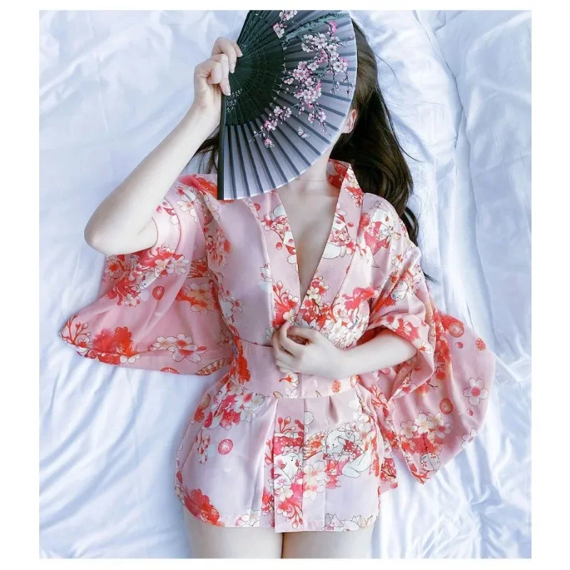 

Sexy Big Size Sleepwear Dress Women Summer Chiffon Japanese Cardigan Underwear Sakura Kimono Passionate Temptation Bathrobe Set