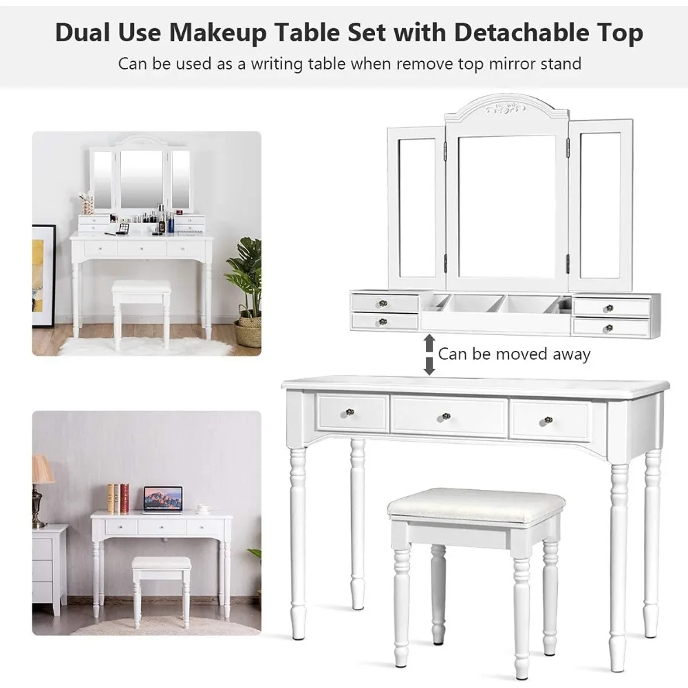 Set Meja Rias dengan Cermin dan 7 Laci, Meja Rias Rias dengan Bangku Empuk, Meja Rias dengan Rak Terpisah, Modern