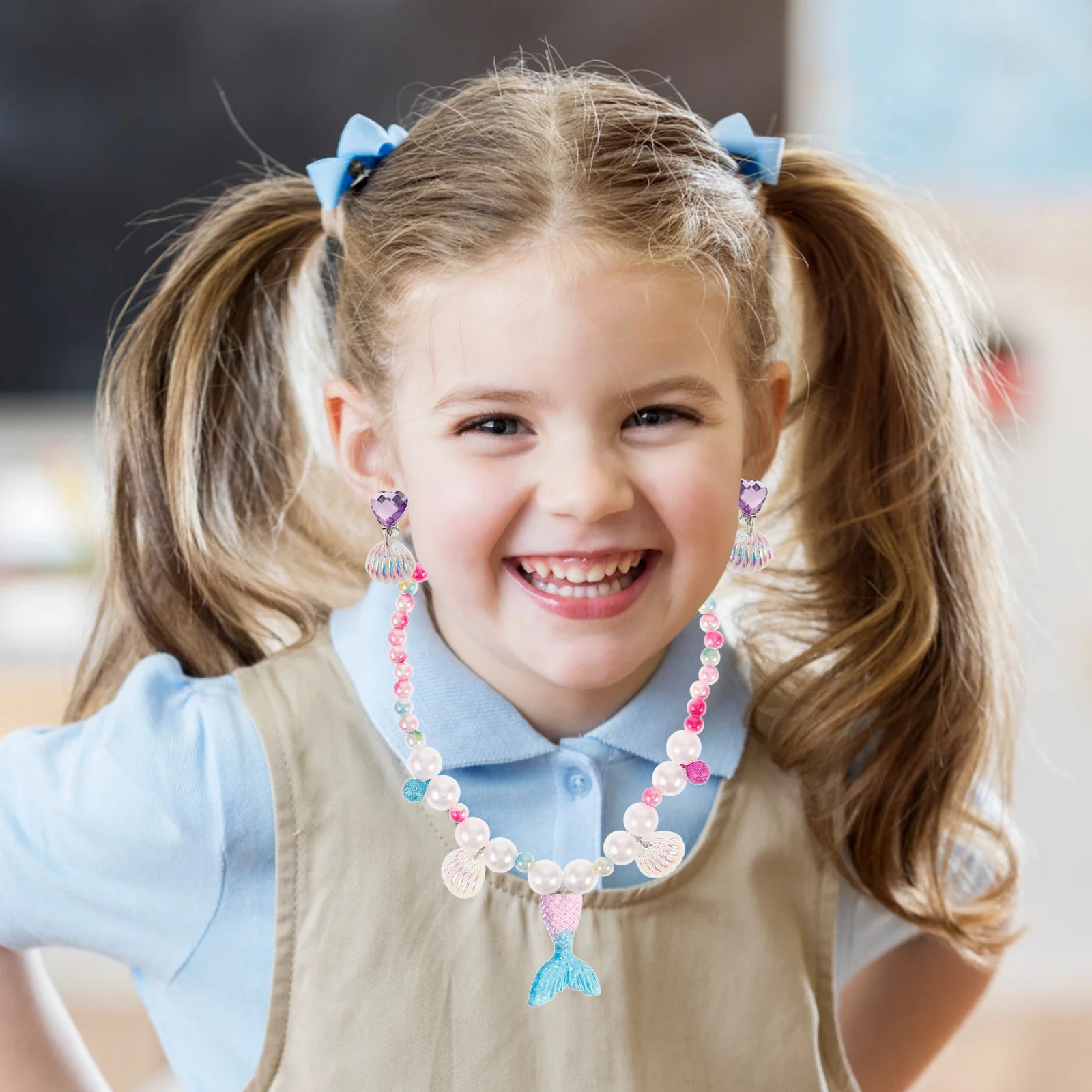 6 Stuks Kleine Meisjes Zeemeermin Sieraden Set Staart Ketting Armband Ring Oorbellen Prinses Dress Up Accessoires Kids Feestartikelen