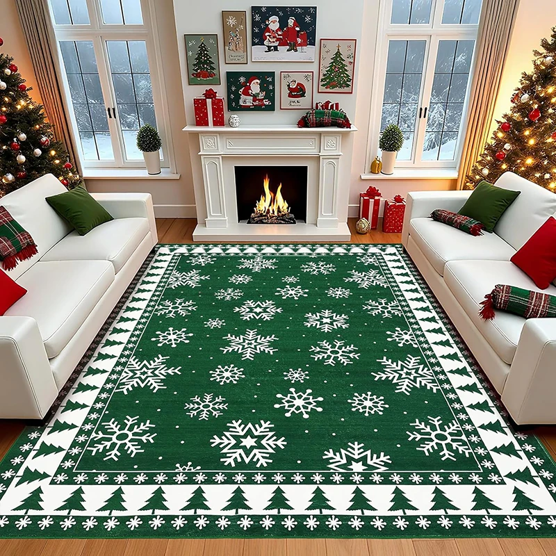 Living Room Carpet Large Size Non-slip Machine Washable Soft Comfortable Floor Mat Green Christmas Tree Snowflake Home Decor Rug