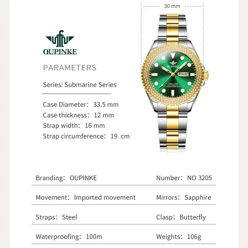 OUPINKE 3205 Luxury All Automatic Mechanical Watch Women's Dress Brand Waterproof HD Calendar Original Watch Elegant Gift Reloj