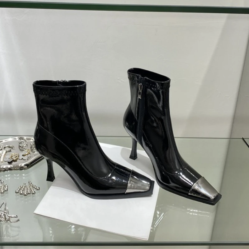 

High Heels Women Ankle Boots Sexy Luxury New Party Shoes Winter 2025 Designer Square Toe Heeled Shoes Zipper Woman Zapatos Botas