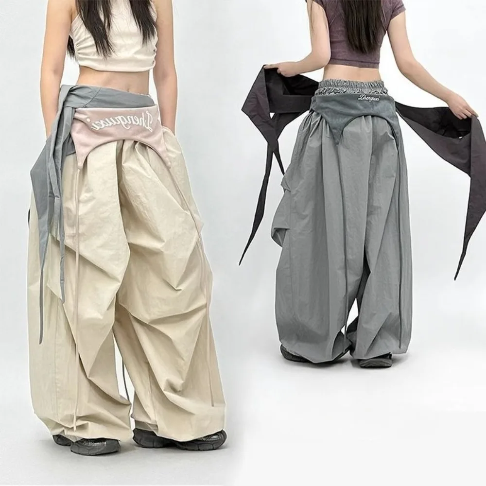 

American Wasteland Hotgirl Colorblock Cargo Parachute Pants with Stainless Steel Zip Loose Wide Leg Street Dance Trousers 2025