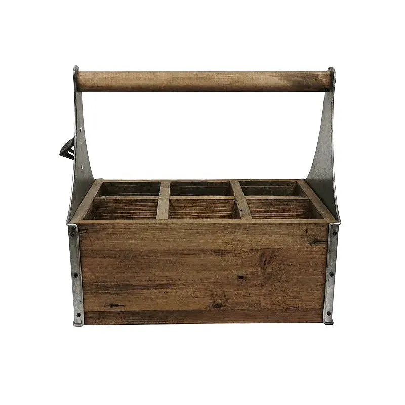 Rustic Wood Metal Storage Caddy with Handle, Vintage Distressed Organizer for Home Garden