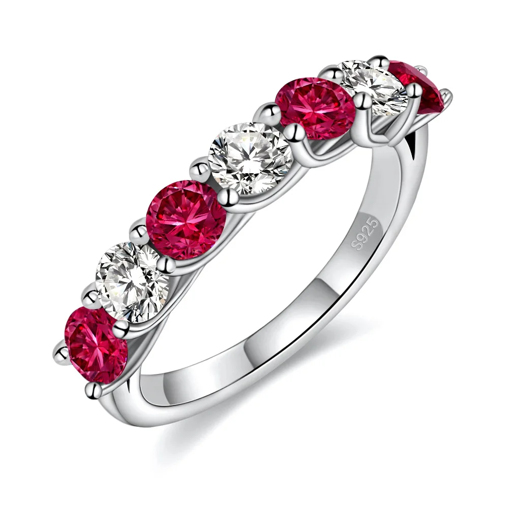 925 Sterling Silver White Gold Plated Band For Women 0.2ct Lab Ruby Moissanite Stackable Wedding Engagement Fine Jewelry Ring 