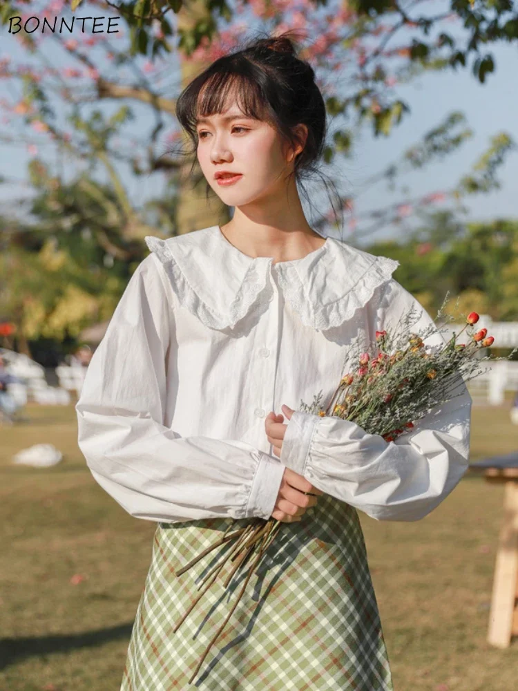 

White Shirts Women Peter Pan Collar Tender Casual Baggy Tops Literary All-match Korean Fashion Autumn Sweet New Camisas De Mujer