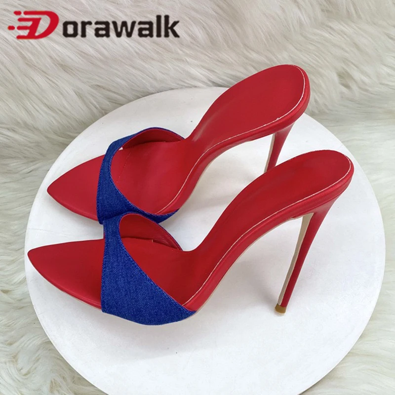 

Новое поступление, пикантные летние туфли на шпильке с красной подкладкой 12 см/10 см, джинсовые тапочки на высоком каблуке, сандалии с острым носком, женские свадебные модельные туфли