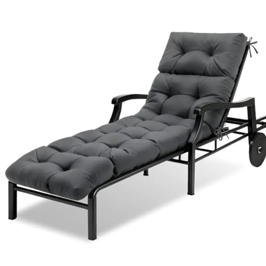 

Outdoor chaise lounge chair cushion, waterproof polyester fabric, dark grey, thick long design with non-slip bottom for patio,