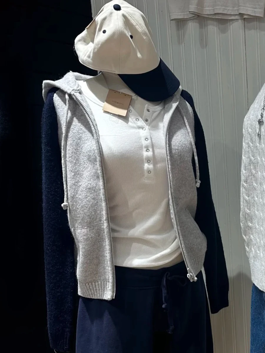 

New Patchwork Knitted Hooded Cardigan Autumn Cotton Long Sleeve Pockets Zip-up Sweaters Women Preppy Style Outerwear Slim Tops