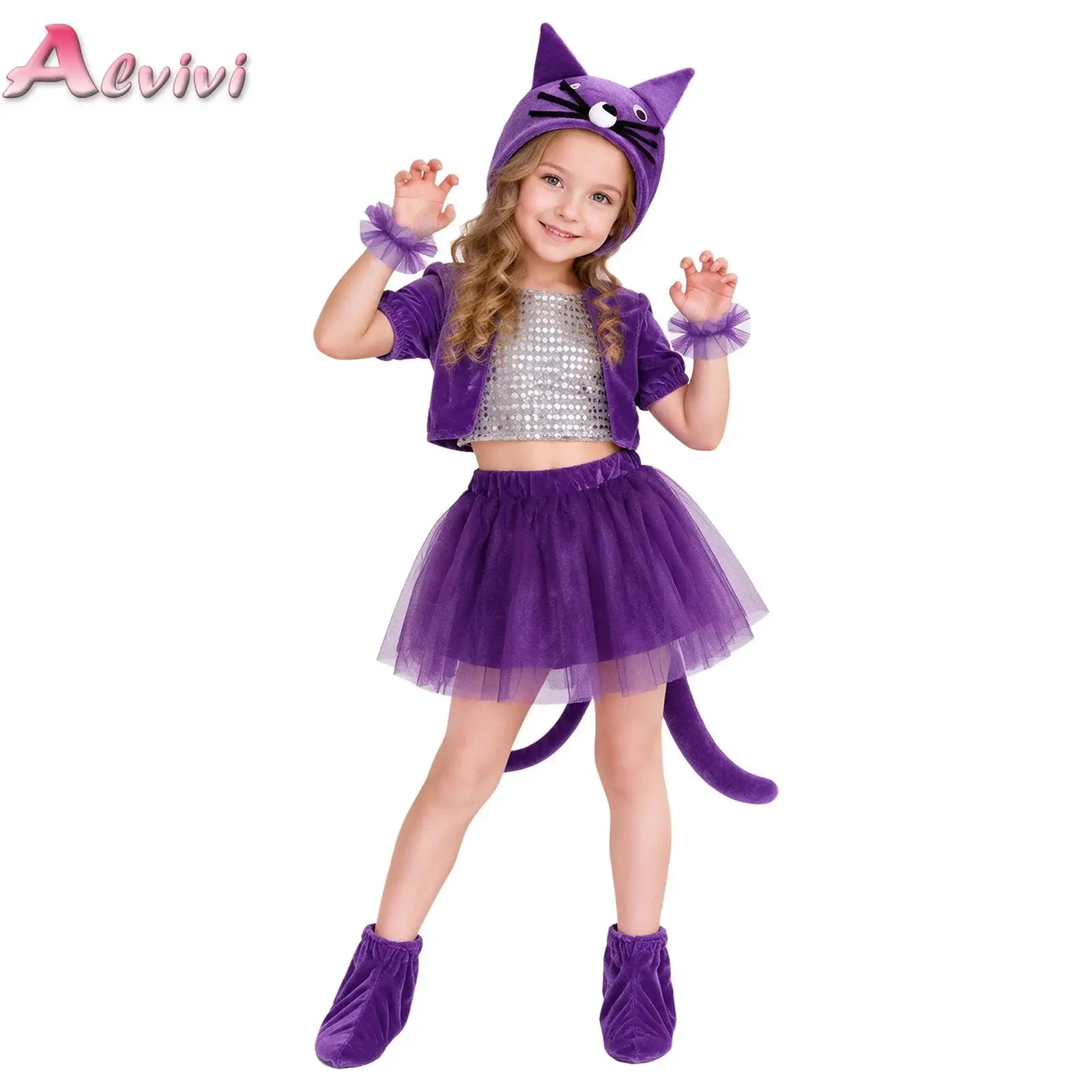 Kids Girls Short Sleeve Sequin Tops Tail Layered Tutu Skirt with Hat Wristbands And Foot Covers Kitten/Tortoise Themed Costume