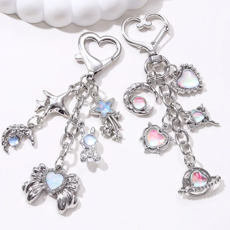 Y2k Pretty Moon Heart Star Planet Enamel Keychain Bow Rabbit Key Ring For Women Girl Good Gift DIY Handmade Jewelry