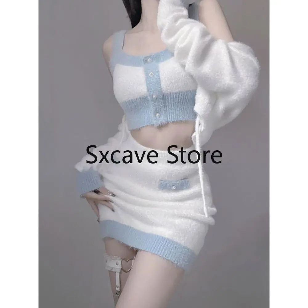 Autumn Knitted Suits Casual Long Sleeve Y2k Crop Tops + Mini Skirts Korean Fashion 3 Piece Dress Set Women 2023 Party Clothing