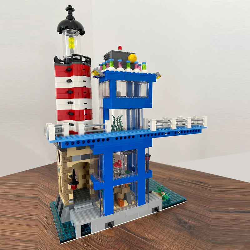 도시 거리 풍경 모델 MOC 빌딩 블록 등대 및 수족관 모듈형 기술 어린이 휴일 선물 조립 장난감 세트