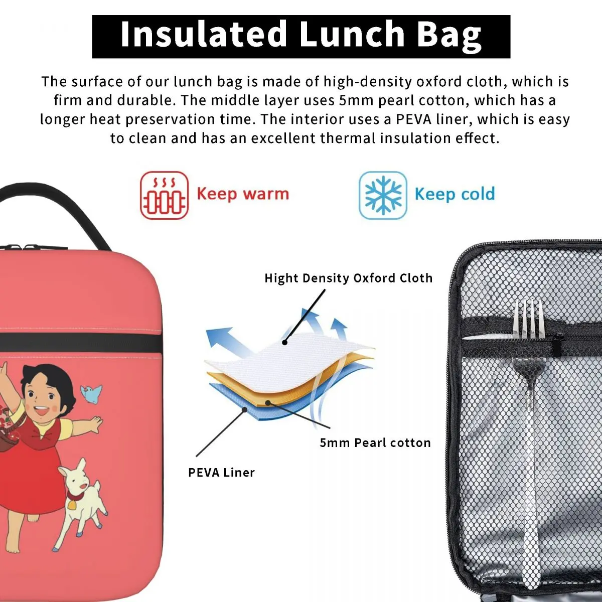 Heidi The Girl From The Alps borsa termica per borse da pranzo Contenitore per pasti portatile Lunch Box Tote Food Handbags Beach Picnic