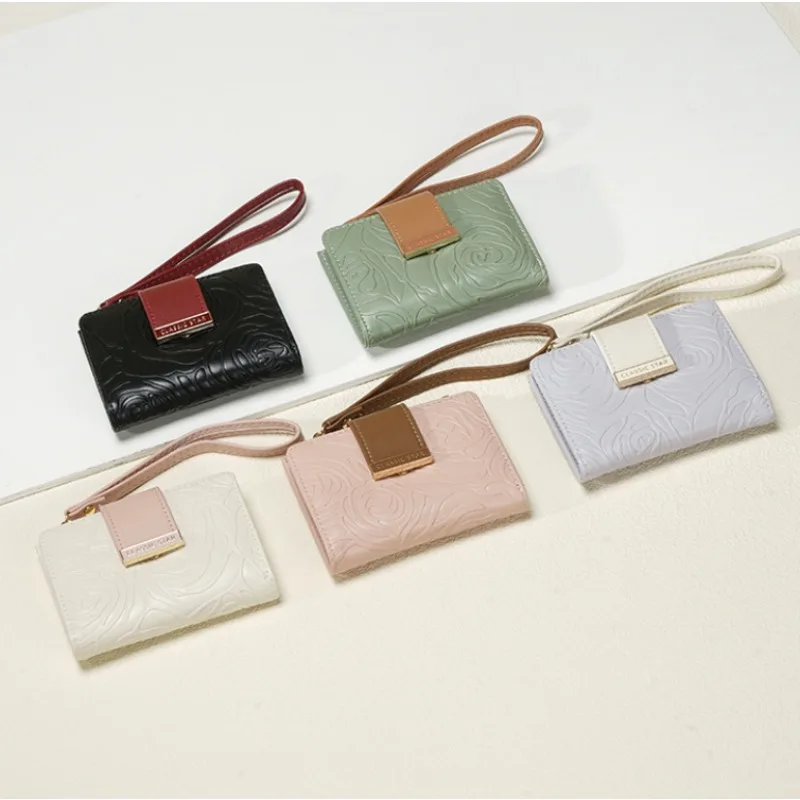 Women Short Wallet Embossed Rose PU Leather Wristlet Purse Zipper Coin Pocket Multi Card Holder Ins Style Student Ladies Purse