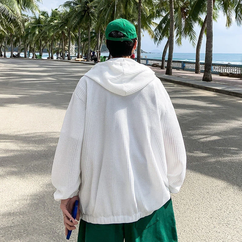 Summer Waffle Plaid Long Sleeve Men Hooded Pullovers Grid Breathable Thin Ice Silk Quick Dry Sun Protection Oversized Coat Tops