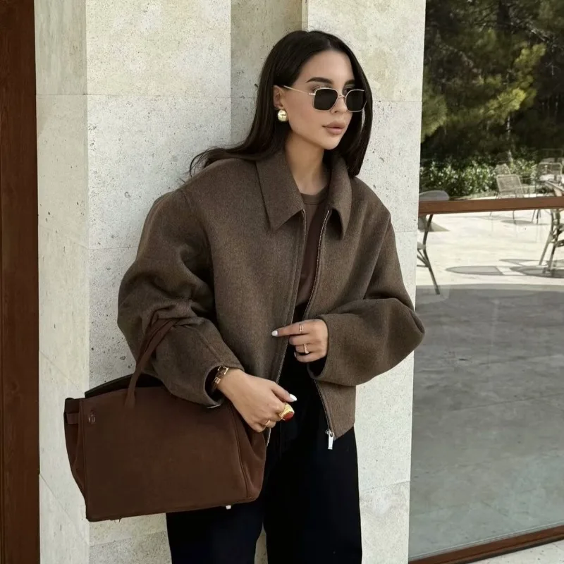 

Autumn and Winter Fashion Lapel Long-sleeved Zipper Woolen Coat 2025 European and American Loose Casual Jacket