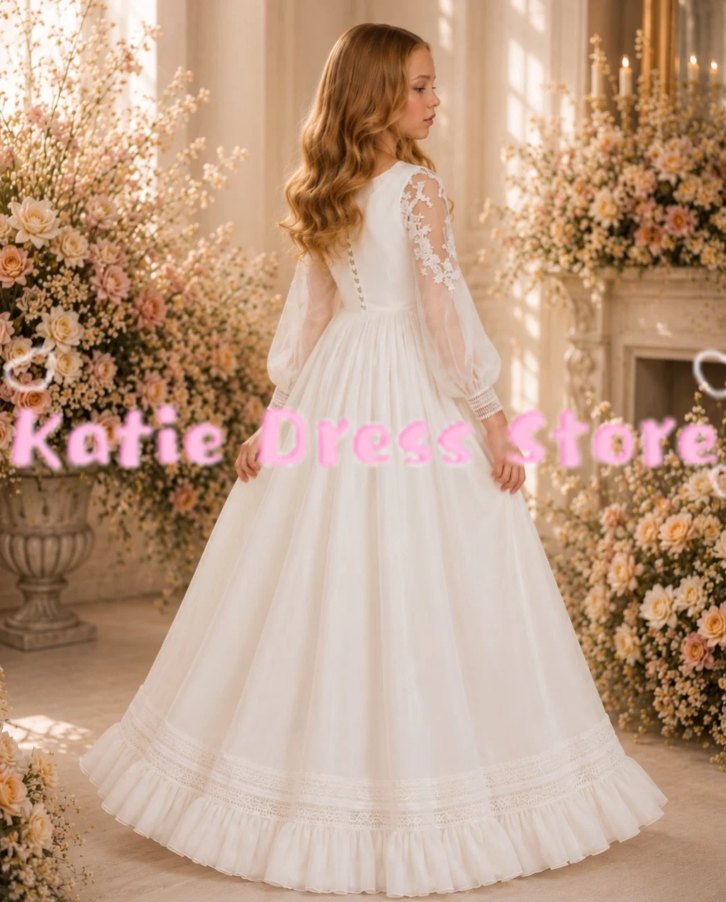 

White Customized Lace Applique Flower Girl Dress Puffy Satin For Wedding Elegant Kids Birthday Party First Communion Ball Gowns
