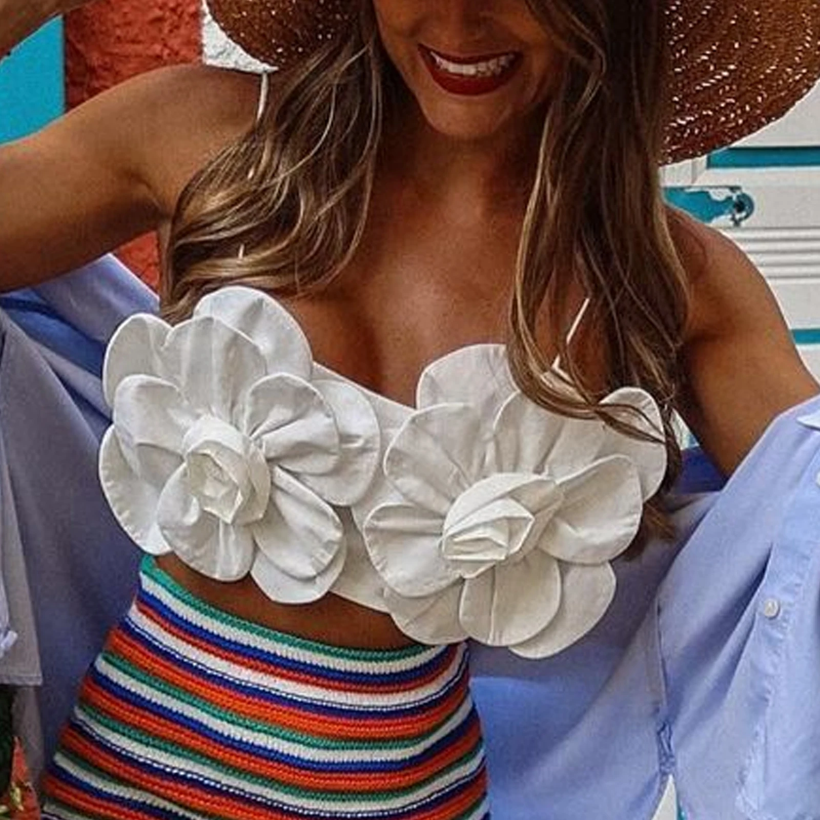 Hirigin-Haut court à fleurs 3D pour femme, caraco précieux, bretelles spaghetti sexy, dos nu, fête d'été, streetwear féerique Y2K