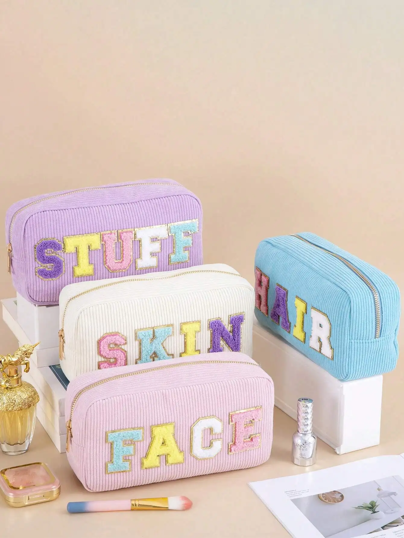 1 قطعة/4 قطعة النساء الفتيات Preppy السفر سروال قصير الشنيل رسالة بقع العناية بالبشرة الوجه الشعر الاشياء ماكياج الحقيبة حقائب مستحضرات التجميل السفر Z