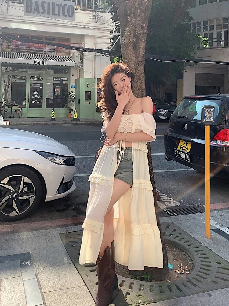 

French Style Hot Girl Wear off-Shoulder Lace-up Dress Women's Design Sense Niche Irregular Skirt plus Pants Bandage